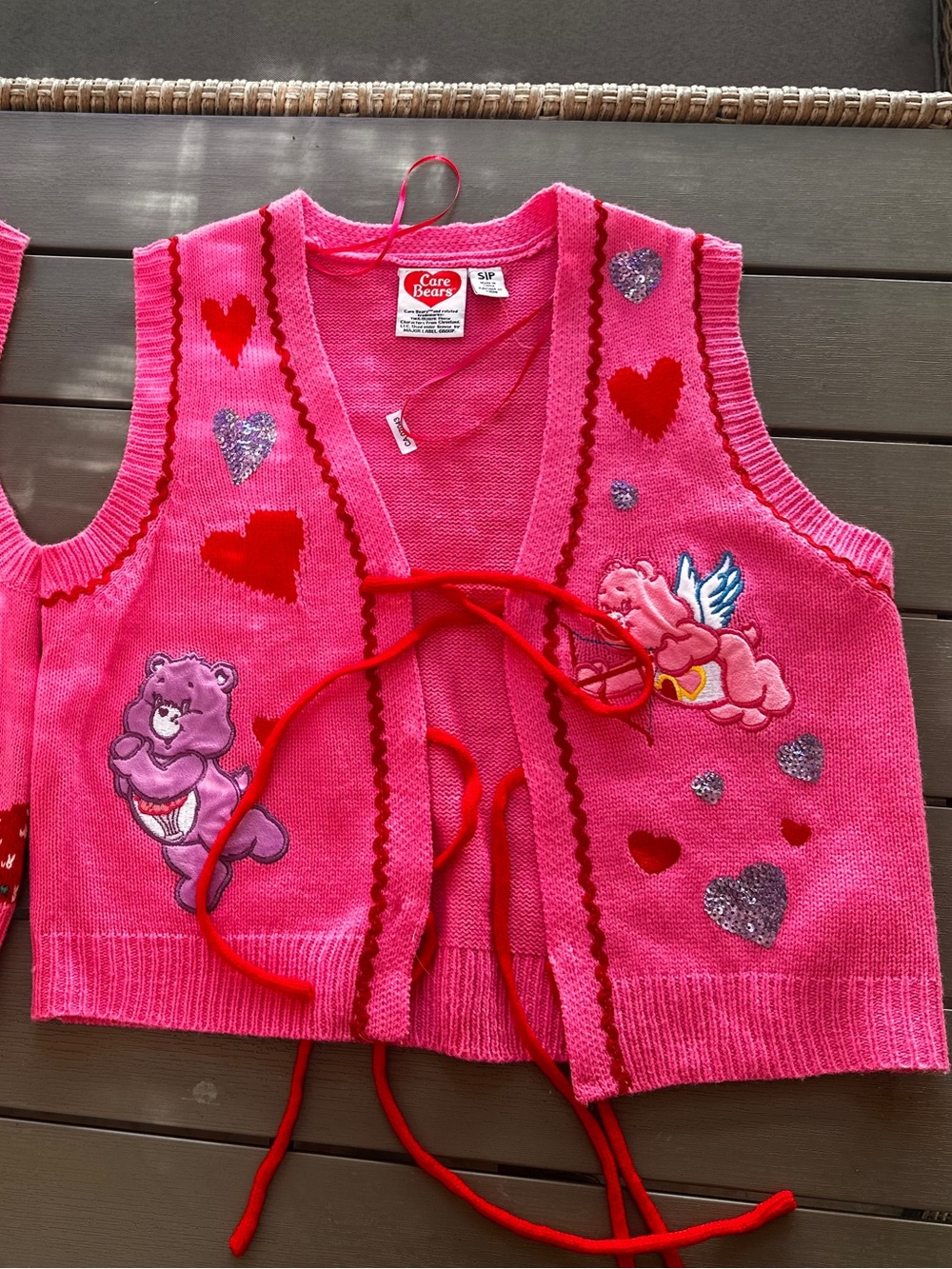 CARE BEARS | NWOT Love-A-Lot Tie-Front Sweater Vest Valentines pink red 80s 💕S